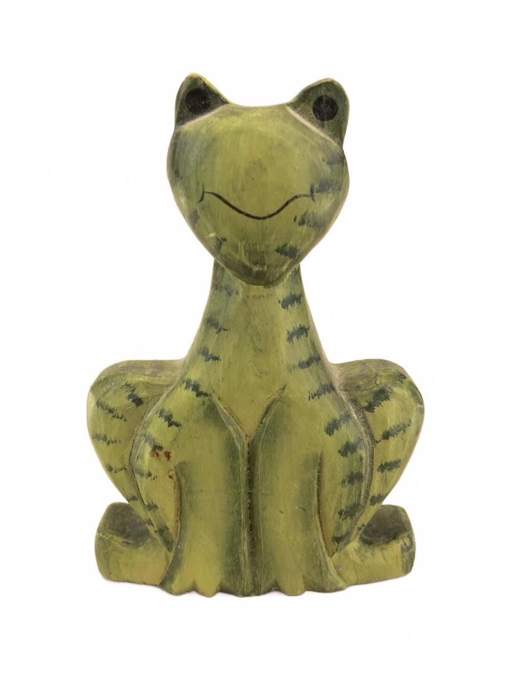 Wooden Frog Figurine Hand Carved Hand Painted 4.5" Tall